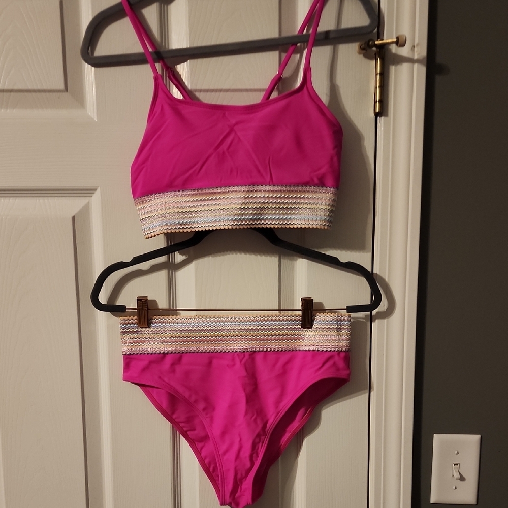 Pink Bikini Set with Striped Waistband. Never worn